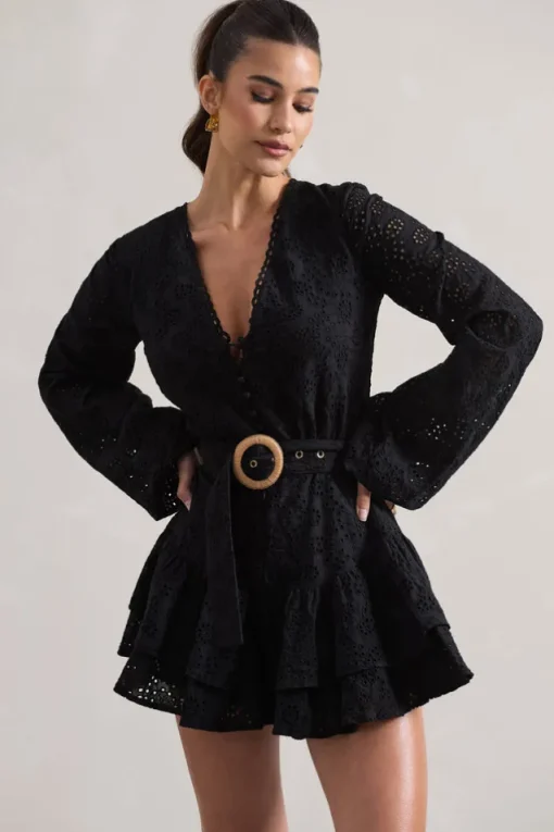 Places To Be | Black Broderie Belted Ruffled Playsuit