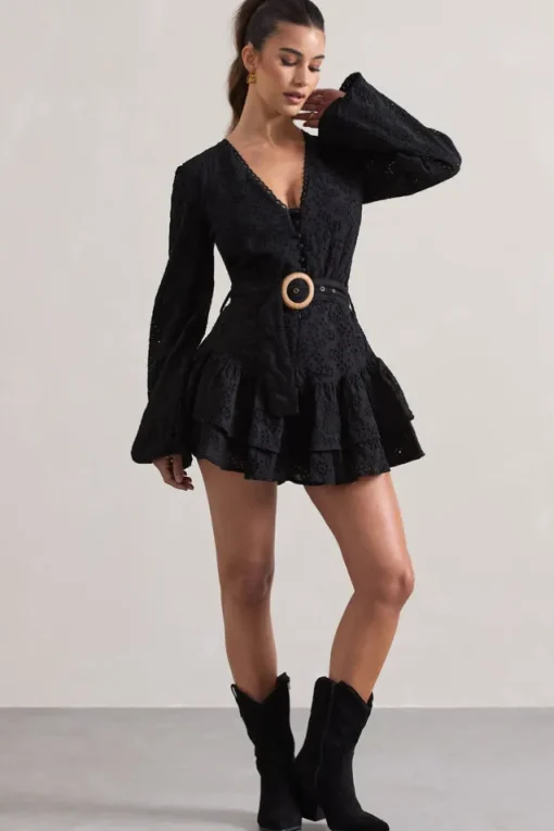 Places To Be | Black Broderie Belted Ruffled Playsuit