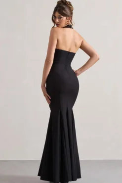 Plaza | Black Plunge Halter-Neck Fishtail Maxi Dress