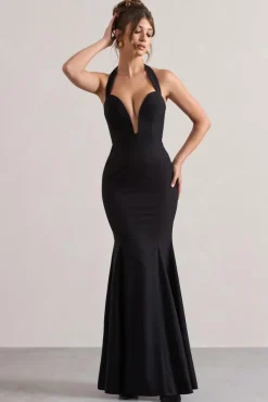 Plaza | Black Plunge Halter-Neck Fishtail Maxi Dress