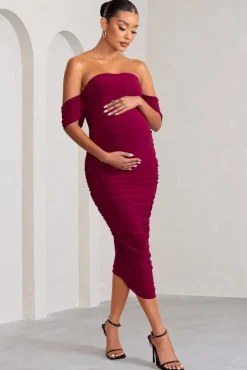 Plus One | Berry Maternity Ruched Bardot Midi Dress