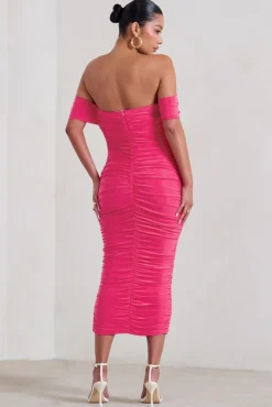 Plus One | Hot Pink Maternity Ruched Bardot Midi Dress