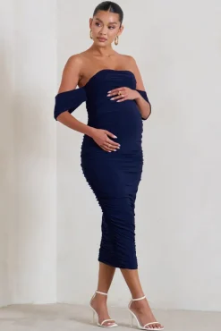 Plus One | Navy Maternity Ruched Bardot Midi Dress