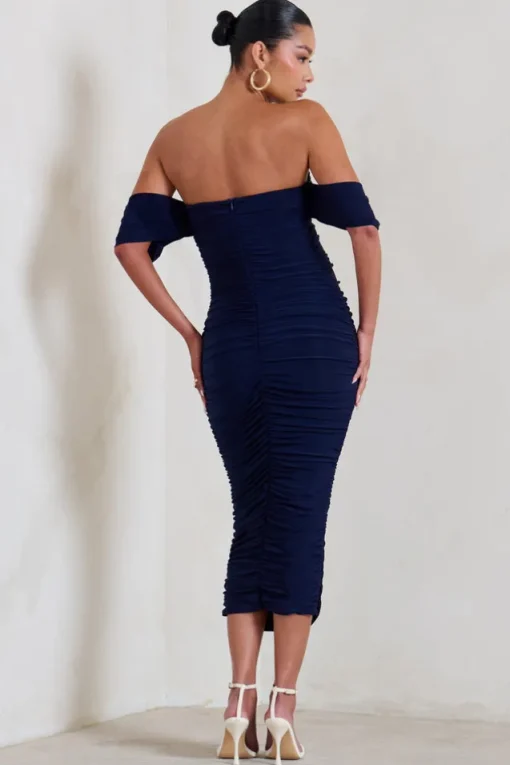 Plus One | Navy Maternity Ruched Bardot Midi Dress