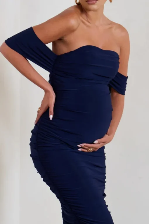Plus One | Navy Maternity Ruched Bardot Midi Dress