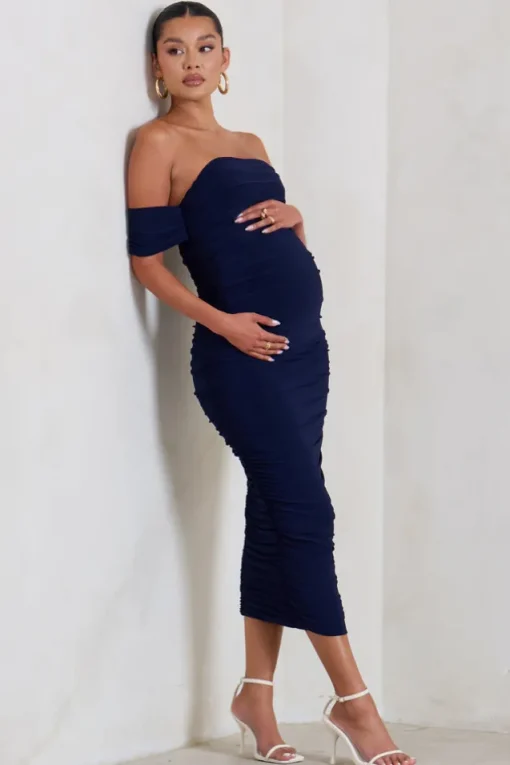 Plus One | Navy Maternity Ruched Bardot Midi Dress
