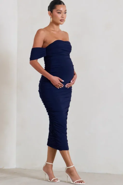 Plus One | Navy Maternity Ruched Bardot Midi Dress
