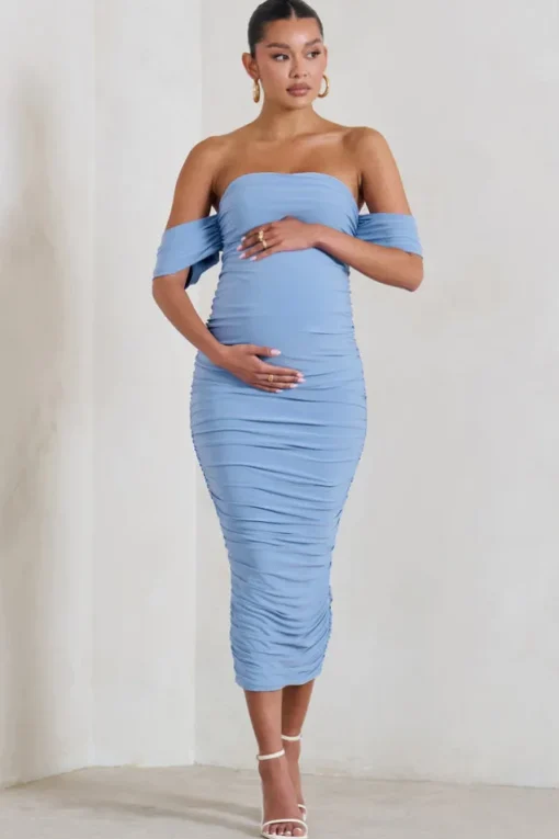 Plus One | Powder Blue Maternity Ruched Bardot Midi Dress
