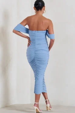 Plus One | Powder Blue Maternity Ruched Bardot Midi Dress