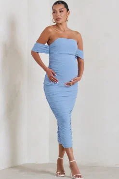 Plus One | Powder Blue Maternity Ruched Bardot Midi Dress