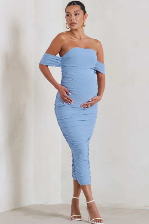 Plus One | Powder Blue Maternity Ruched Bardot Midi Dress