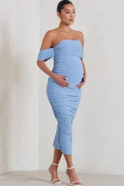 Plus One | Powder Blue Maternity Ruched Bardot Midi Dress