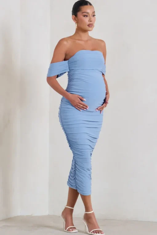 Plus One | Powder Blue Maternity Ruched Bardot Midi Dress