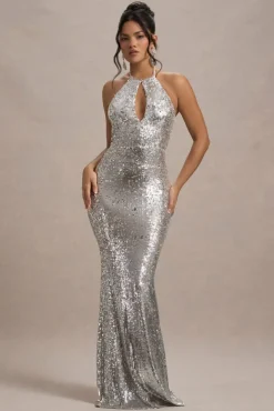 Polaris | Silver Sequin Halter-Neck Cut-Out Split Maxi Dress