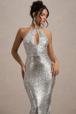 Polaris | Silver Sequin Halter-Neck Cut-Out Split Maxi Dress
