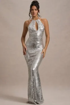 Polaris | Silver Sequin Halter-Neck Cut-Out Split Maxi Dress