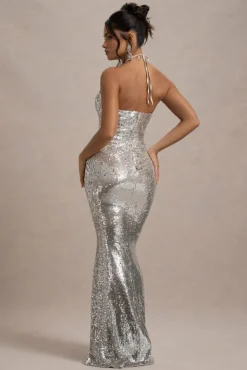 Polaris | Silver Sequin Halter-Neck Cut-Out Split Maxi Dress