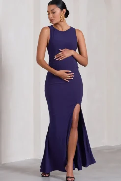 Pollie | Purple Cowl-Back Split Maternity Maxi Dress
