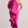Polo | Dark Pink One Shoulder Bodycon Midi Dress With Ruffle