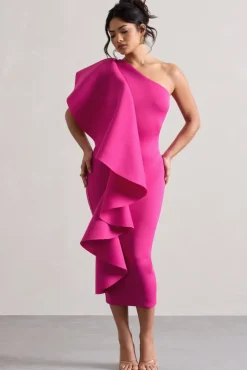 Polo | Dark Pink One Shoulder Bodycon Midi Dress With Ruffle