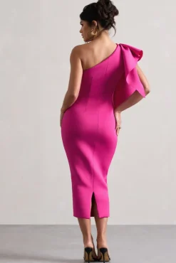 Polo | Dark Pink One Shoulder Bodycon Midi Dress With Ruffle