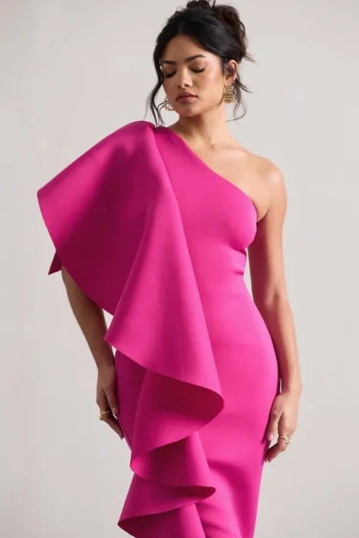 Polo | Dark Pink One Shoulder Bodycon Midi Dress With Ruffle