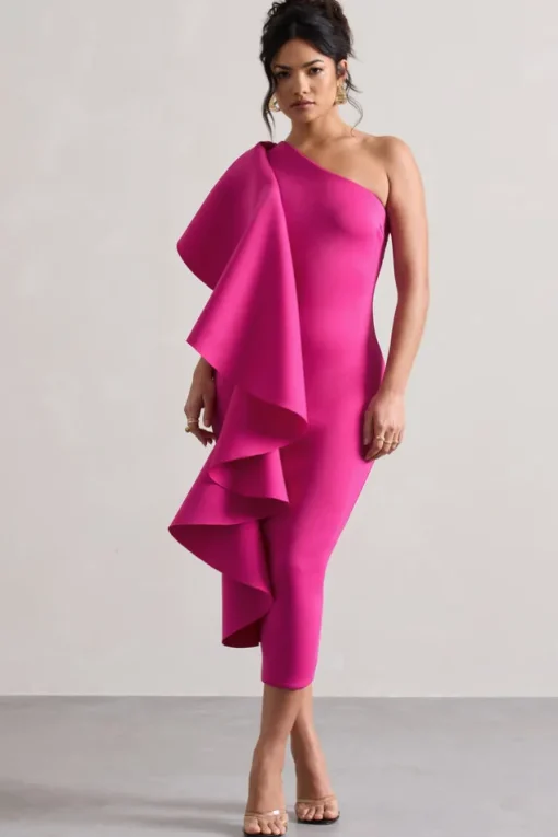Polo | Dark Pink One Shoulder Bodycon Midi Dress With Ruffle