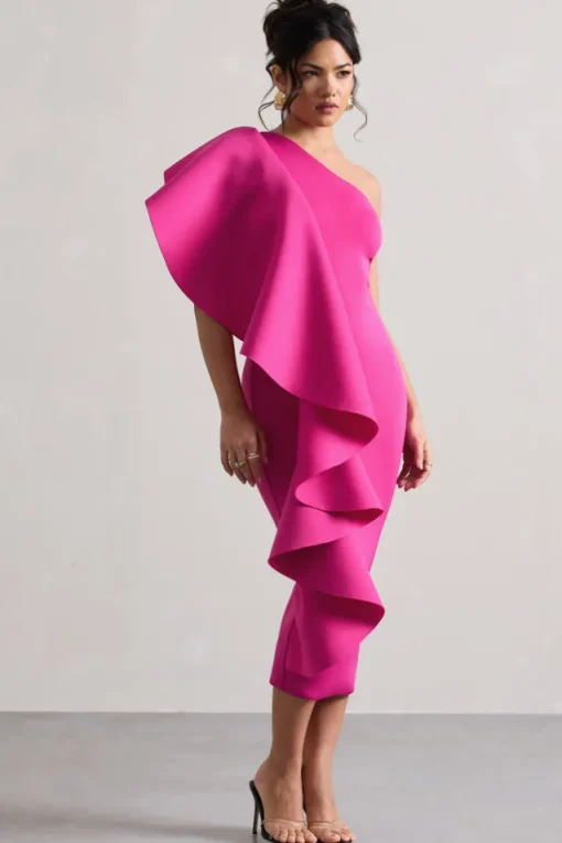 Polo | Dark Pink One Shoulder Bodycon Midi Dress With Ruffle