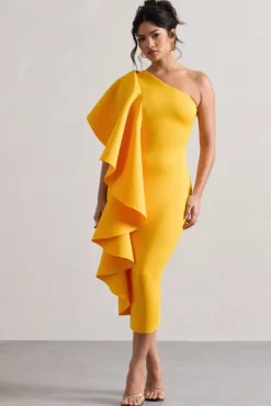 Polo | Mango One Shoulder Bodycon Midi Dress With Ruffle