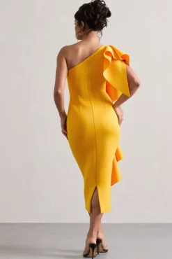 Polo | Mango One Shoulder Bodycon Midi Dress With Ruffle