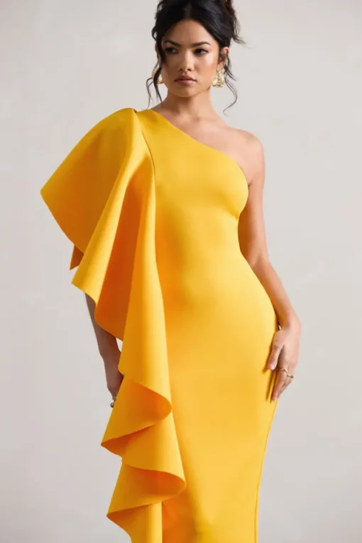 Polo | Mango One Shoulder Bodycon Midi Dress With Ruffle
