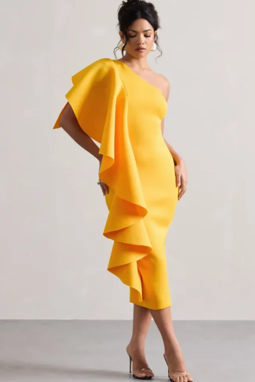 Polo | Mango One Shoulder Bodycon Midi Dress With Ruffle