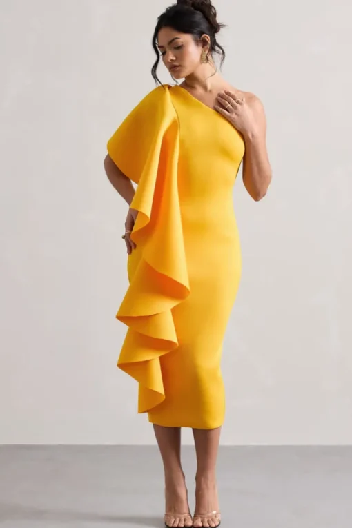 Polo | Mango One Shoulder Bodycon Midi Dress With Ruffle