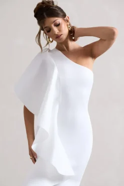 Polo | White One Shoulder Bodycon Midi Dress With Ruffle