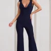 Posy | Navy Cowl-Neck Jumpsuit With Corsages And Lace Detail