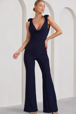 Posy | Navy Cowl-Neck Jumpsuit With Corsages And Lace Detail