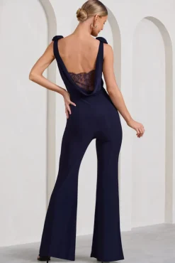 Posy | Navy Cowl-Neck Jumpsuit With Corsages And Lace Detail