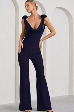 Posy | Navy Cowl-Neck Jumpsuit With Corsages And Lace Detail