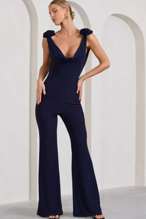 Posy | Navy Cowl-Neck Jumpsuit With Corsages And Lace Detail