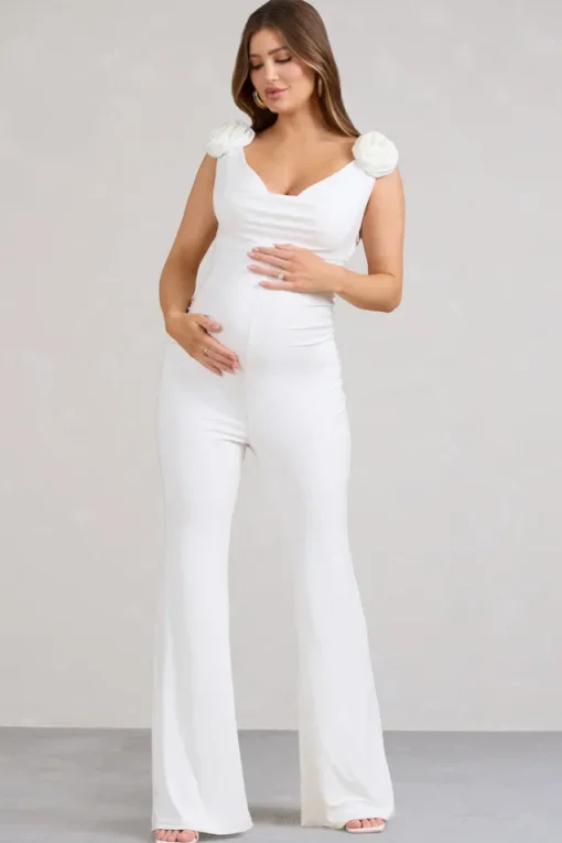 Posy | White Maternity Cowl Jumpsuit With Flower Design