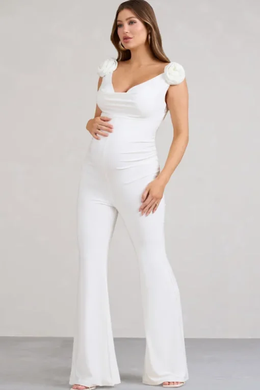 Posy | White Maternity Cowl Jumpsuit With Flower Design