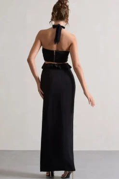 Powerful | Black Cut-Out Halter-Neck Maxi Dress With Flower u0026 Ruffles
