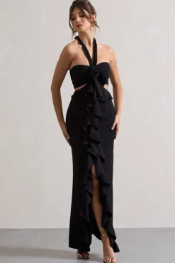 Powerful | Black Cut-Out Halter-Neck Maxi Dress With Flower u0026 Ruffles