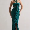 Powerful | Petrol Blue Cut-Out Halter-Neck Maxi Dress With Flower u0026 Ruffles