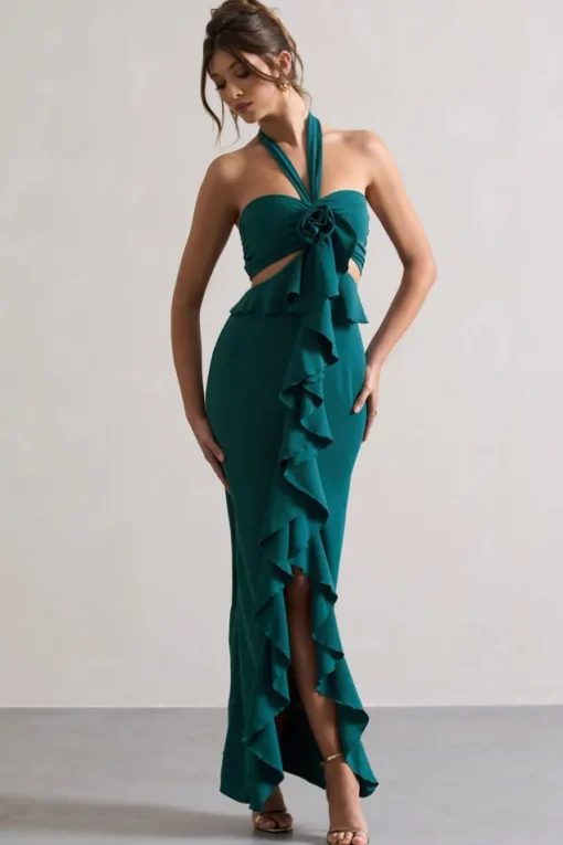 Powerful | Petrol Blue Cut-Out Halter-Neck Maxi Dress With Flower u0026 Ruffles