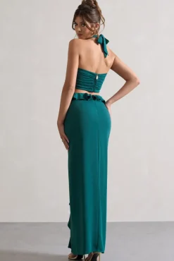 Powerful | Petrol Blue Cut-Out Halter-Neck Maxi Dress With Flower u0026 Ruffles