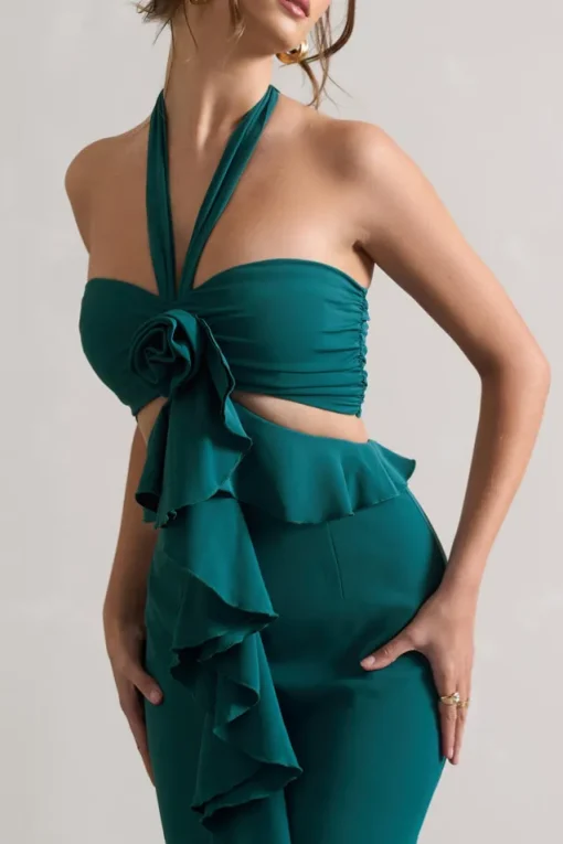 Powerful | Petrol Blue Cut-Out Halter-Neck Maxi Dress With Flower u0026 Ruffles