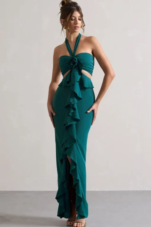 Powerful | Petrol Blue Cut-Out Halter-Neck Maxi Dress With Flower u0026 Ruffles