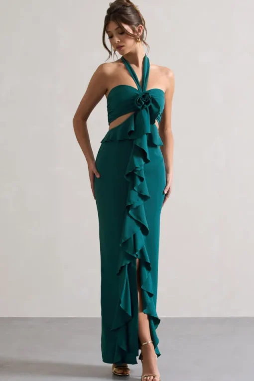 Powerful | Petrol Blue Cut-Out Halter-Neck Maxi Dress With Flower u0026 Ruffles