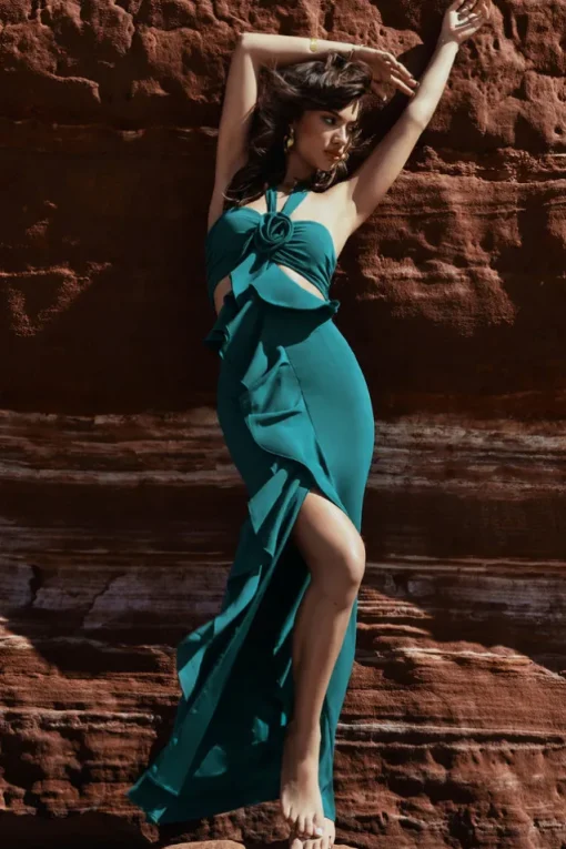 Powerful | Petrol Blue Cut-Out Halter-Neck Maxi Dress With Flower u0026 Ruffles